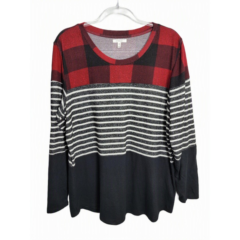 Maurices Women XXL Top Red Black Buffalo Plaid Striped Colorblock Long Sleeve